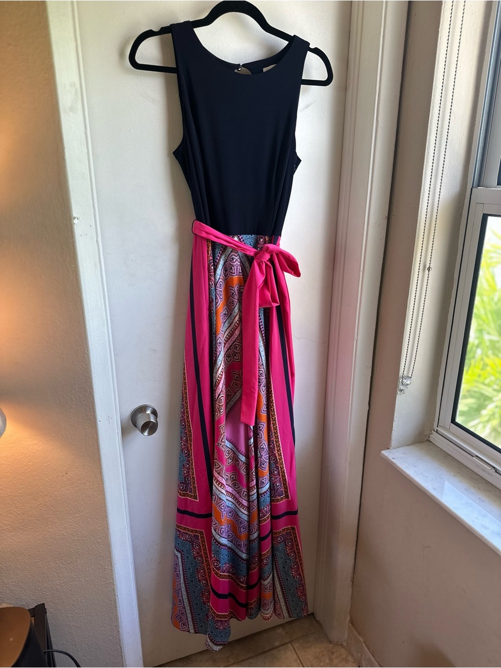 Eliza J Navy & Hot Pink Patterned Maxi Dress with Tie Waist